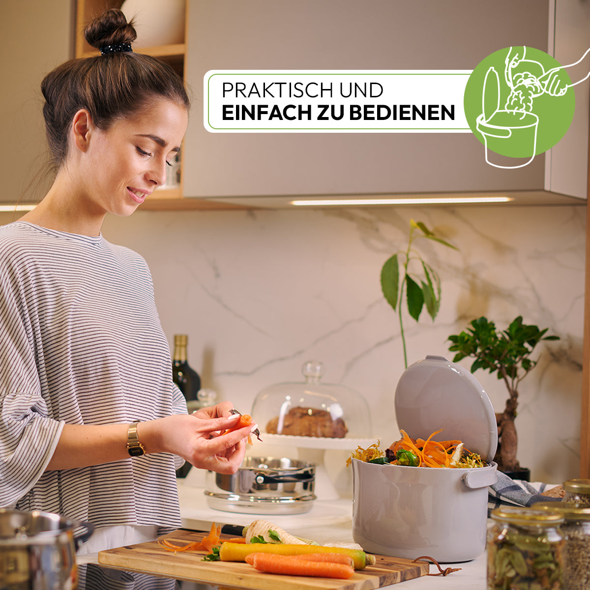 Biomülleimer passt perfekt in moderne Küche