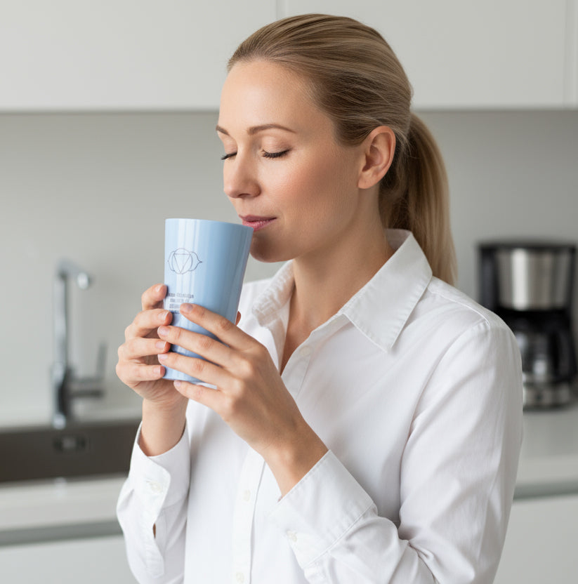 Frau im weißen Hemd steht in der Küche und genießt mit geschlossenen Augen ein Getränk aus einem hellblauen Becher mit Symbol des dritten Auges.
