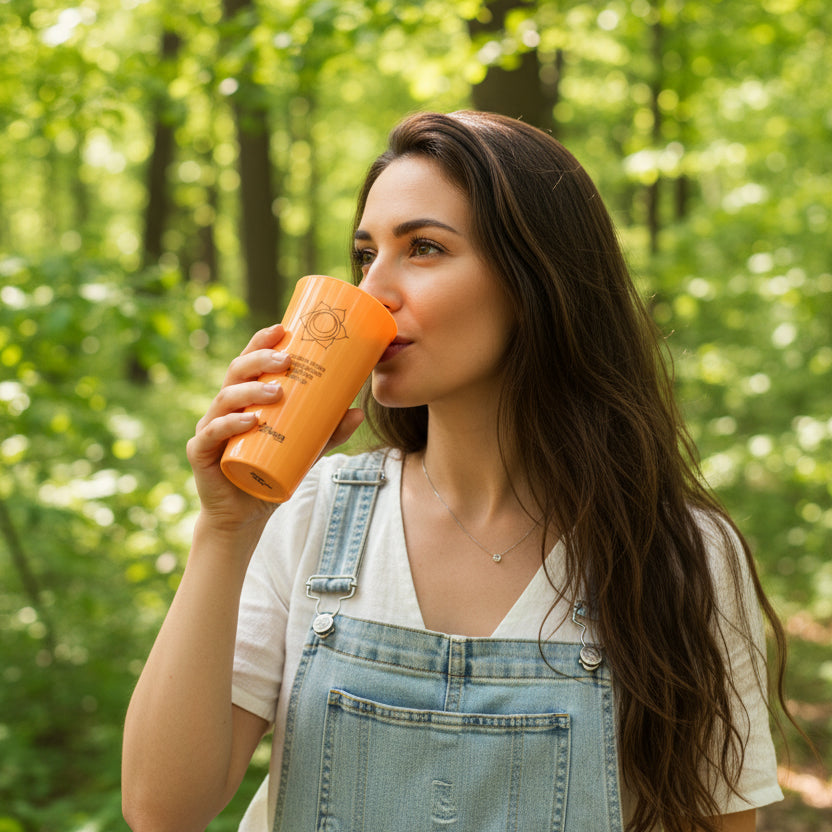 Frau trinkt in der Natur aus einem orangefarbenen Becher mit Symbol des Sakralchakras, gekleidet in weißes T-Shirt und Jeans-Latzhose.