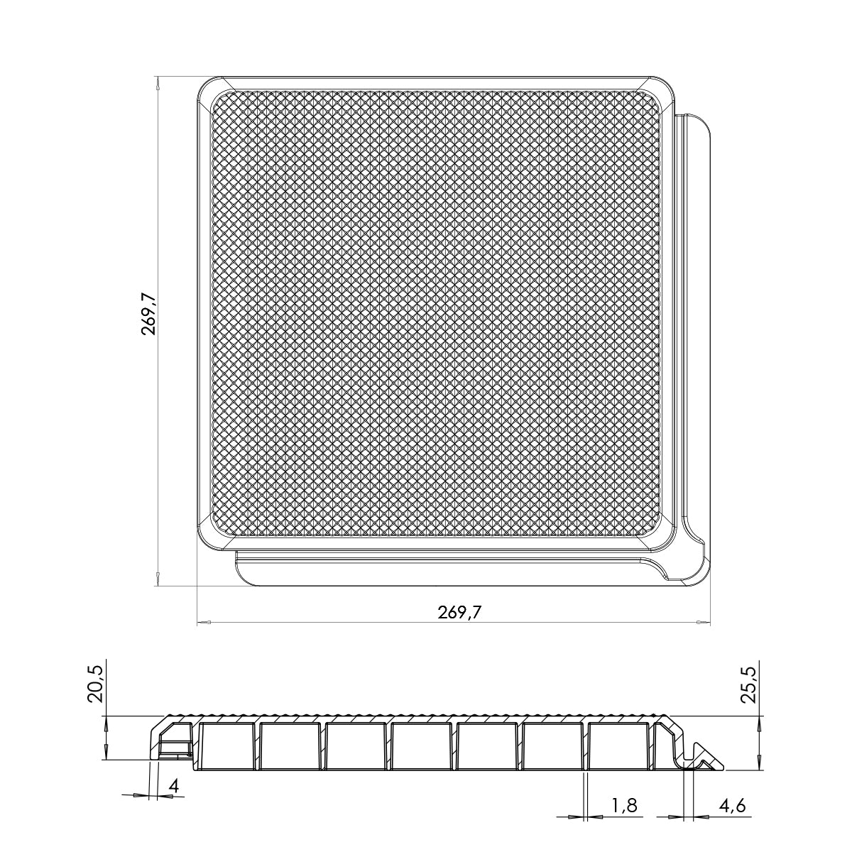 Technische Zeichnung der Skaza Bodenplatte mit genauen Maßen – 250 x 250 mm und 25,5 mm Höhe